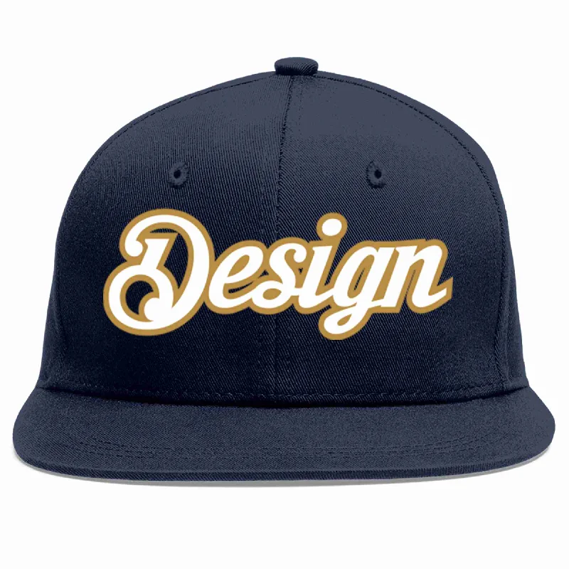 Baseball Cap For Outdoor Adventures-Custom Navy White-Old Gold Flat Eaves Sport Baseball Cap Design for Men/Women/Youth