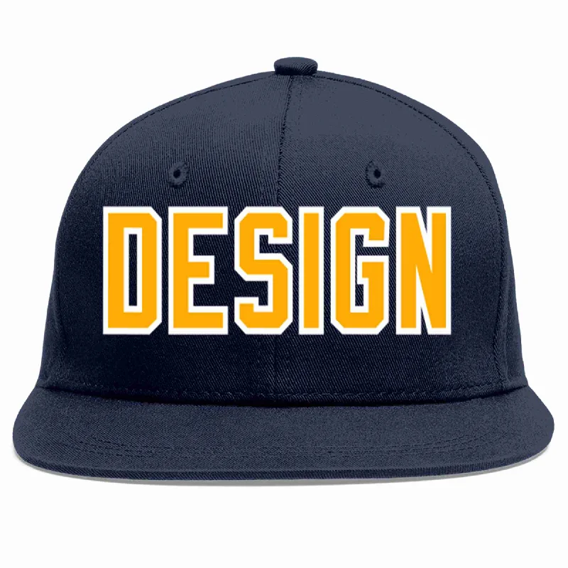 Baseball Cap For Custom Apparel-Custom Navy Yellow-White Flat Eaves Sport Baseball Cap Design for Men/Women/Youth