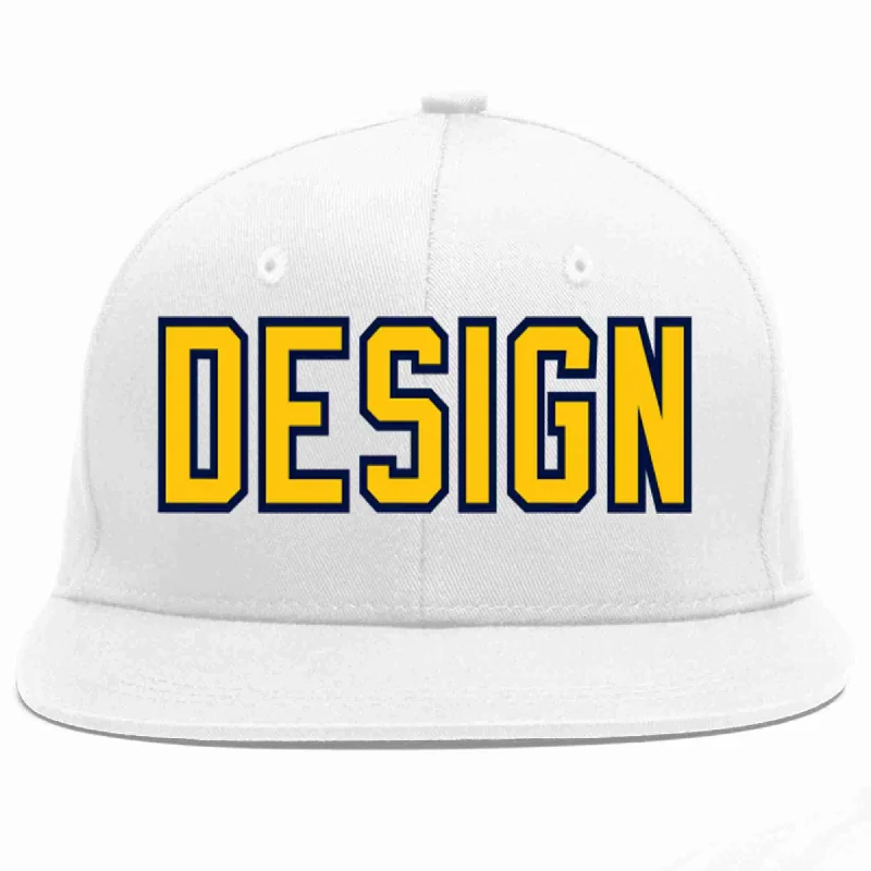 Baseball Cap With Patchwork Design-Custom White Gold-Navy Flat Eaves Sport Baseball Cap Design for Men/Women/Youth