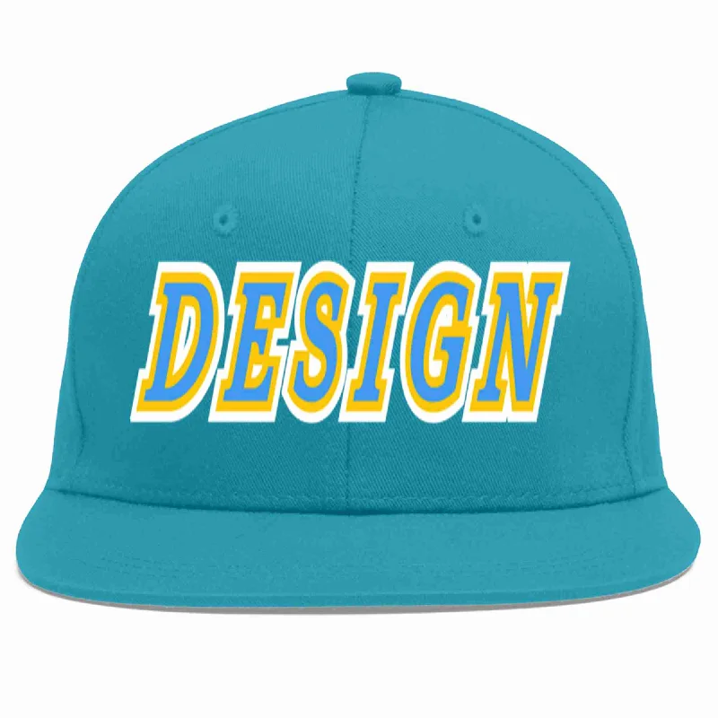 Baseball Cap For Custom Fan Gear-Custom Aqua Powder Blue-Gold Flat Eaves Sport Baseball Cap Design for Men/Women/Youth