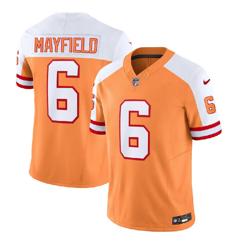 Football Jersey With Custom Text and Logos-Men's Tampa Bay Buccaneers #6 Baker Mayfield 2023 F.U.S.E. White/Gold Throwback Limited Football Stitched Jersey