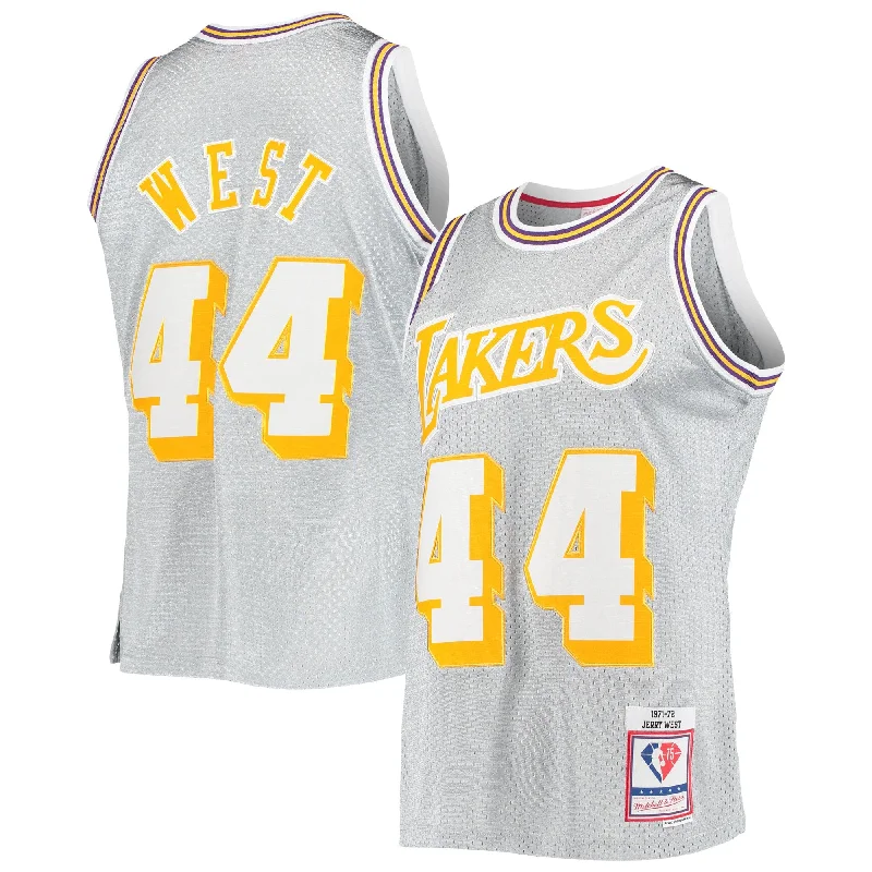 Basketball Jersey With Custom Graphics-Jerry West Los Angeles Lakers 75th Anniversary 1971/72 Hardwood Classics Swingman Basketball Jersey - Silver