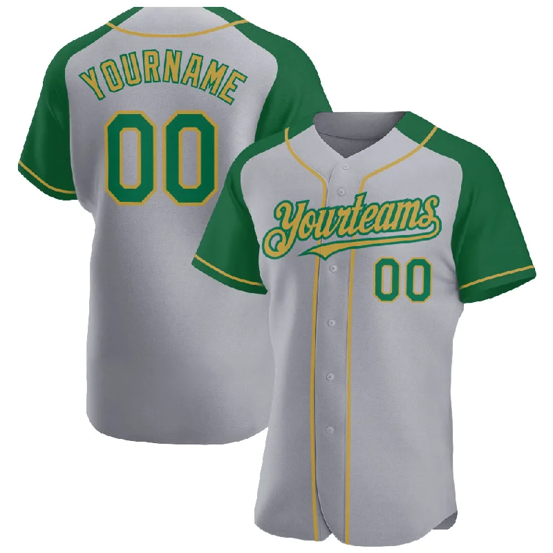 Baseball Jersey For School Spirit-Custom Gray Kelly Green-Old Gold Authentic Raglan Sleeves Baseball Jersey