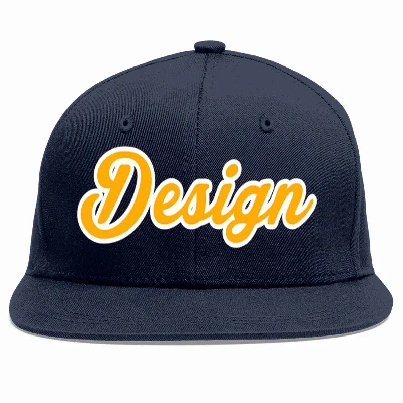 Custom Fitted Baseball Cap-Custom Navy Yellow-White Flat Eaves Sport Baseball Cap Design for Men/Women/Youth