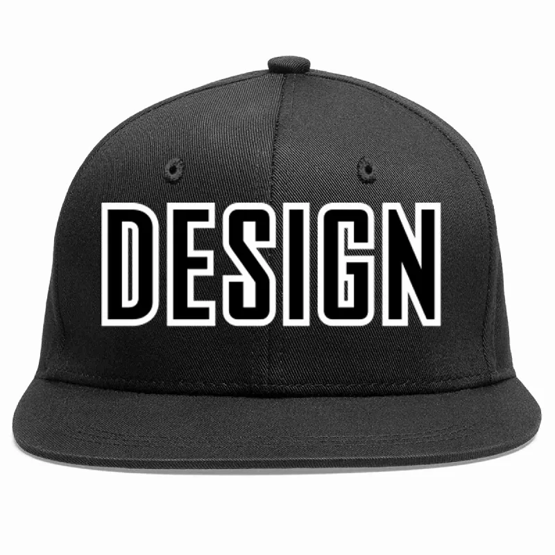 Baseball Cap With Printed Text-Custom Black Black-White Flat Eaves Sport Baseball Cap Design for Men/Women/Youth