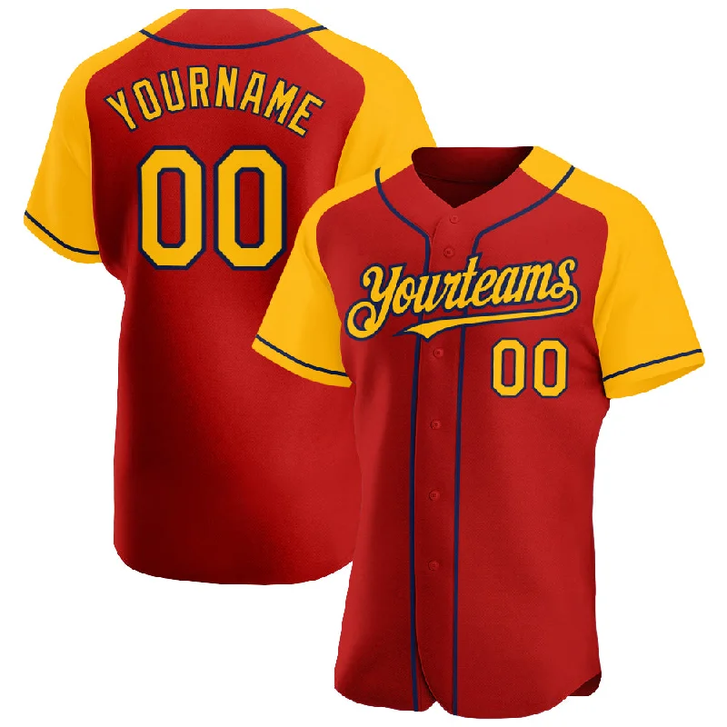 Baseball Jersey For High School Baseball Teams-Custom Red Gold-Navy Authentic Raglan Sleeves Baseball Jersey