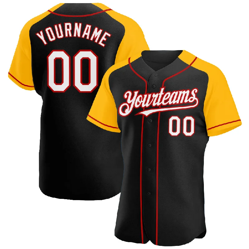 Baseball Jersey With Adjustable Sleeves-Custom Black White Gold-Red Authentic Raglan Sleeves Baseball Jersey