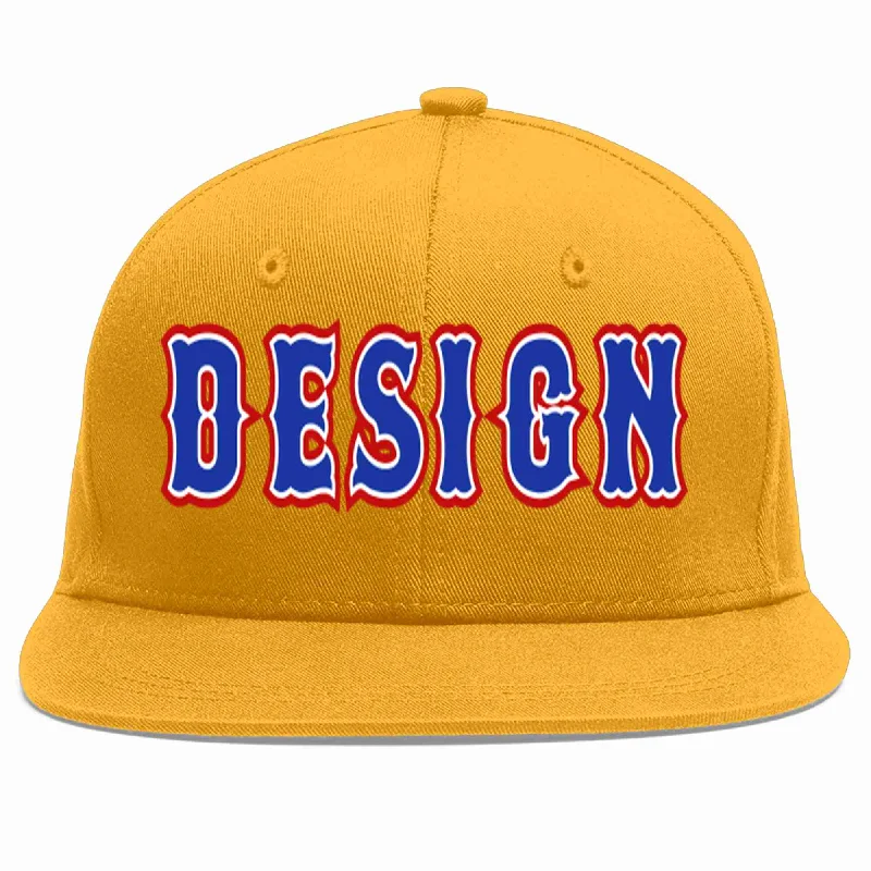 Baseball Cap For Personalized Branding-Custom Gold Royal-White Flat Eaves Sport Baseball Cap Design for Men/Women/Youth