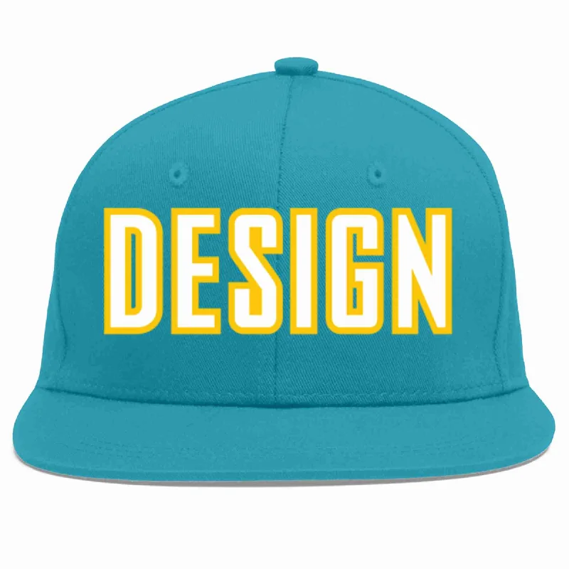 Baseball Cap With Sweatband-Custom Aqua White-Gold Flat Eaves Sport Baseball Cap Design for Men/Women/Youth