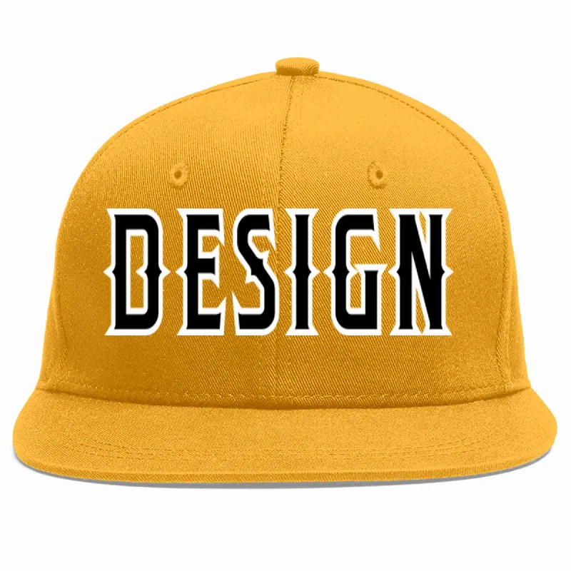 Baseball Cap For Basketball Fans-Custom Gold Black-White Flat Eaves Sport Baseball Cap Design for Men/Women/Youth