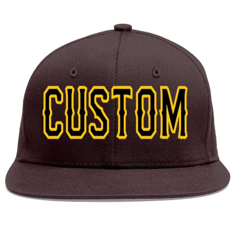 Baseball Cap For Personalized Fan Apparel-Custom Brown Black-Gold Flat Eaves Sport Baseball Cap