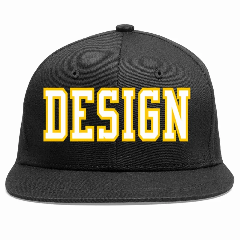 Baseball Cap With Custom Image-Custom Black White-Gold Flat Eaves Sport Baseball Cap Design for Men/Women/Youth