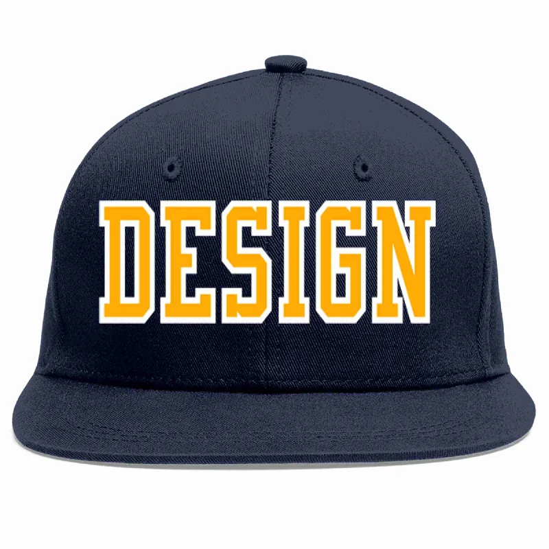 Custom Baseball Cap For Fundraising-Custom Navy Yellow-White Flat Eaves Sport Baseball Cap Design for Men/Women/Youth