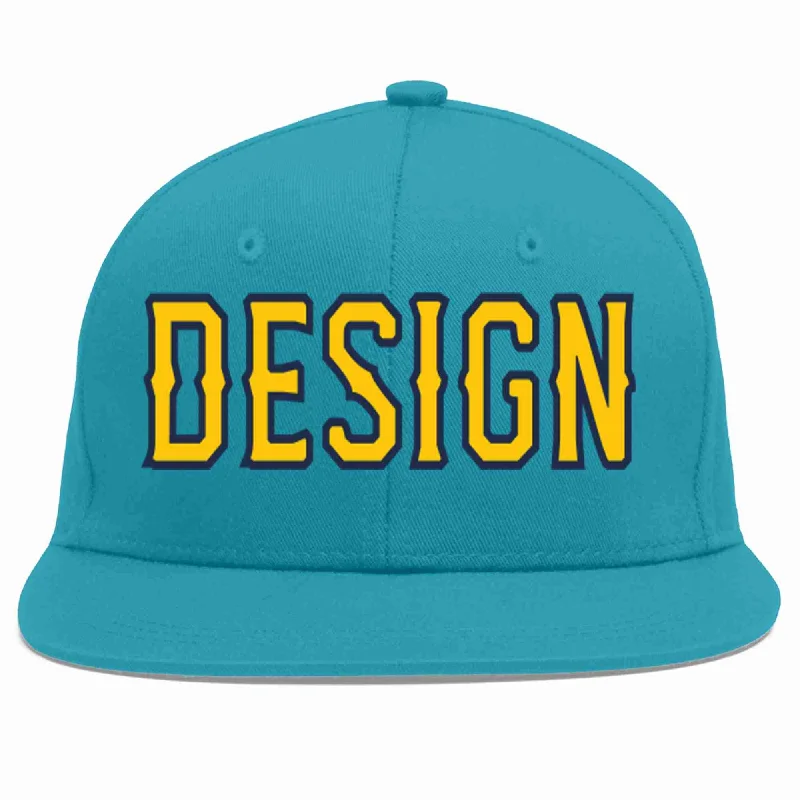 Baseball Cap For Custom Gifts-Custom Aqua Gold-Navy Flat Eaves Sport Baseball Cap Design for Men/Women/Youth