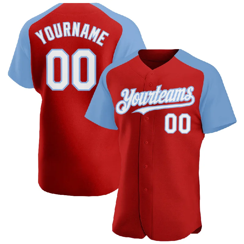 Baseball Jersey For Baseball Enthusiast Gifts-Custom Red White-Light Blue Authentic Raglan Sleeves Baseball Jersey