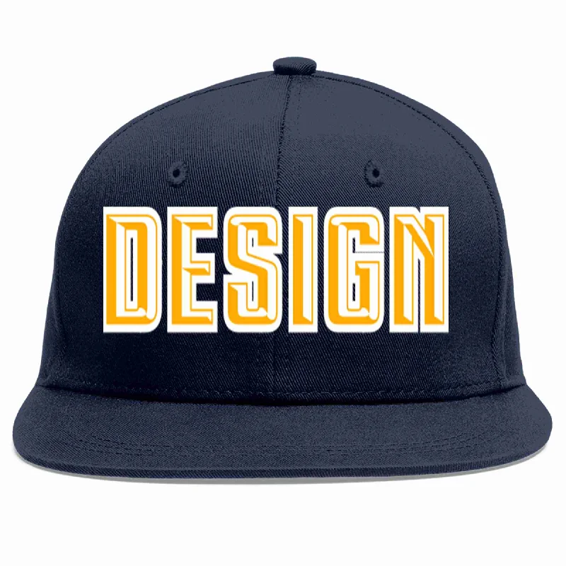 Baseball Cap For Custom Orders-Custom Navy Yellow-White Flat Eaves Sport Baseball Cap Design for Men/Women/Youth