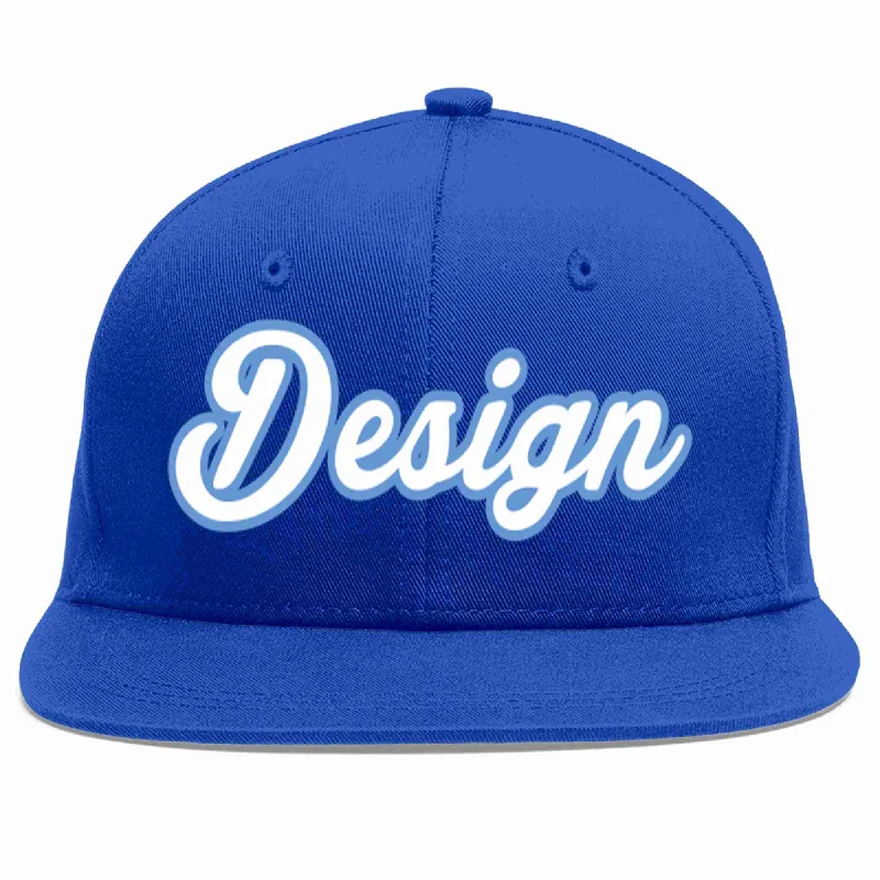 Baseball Cap For Alumni Apparel-Custom Royal White-Light Blue Flat Eaves Sport Baseball Cap Design for Men/Women/Youth