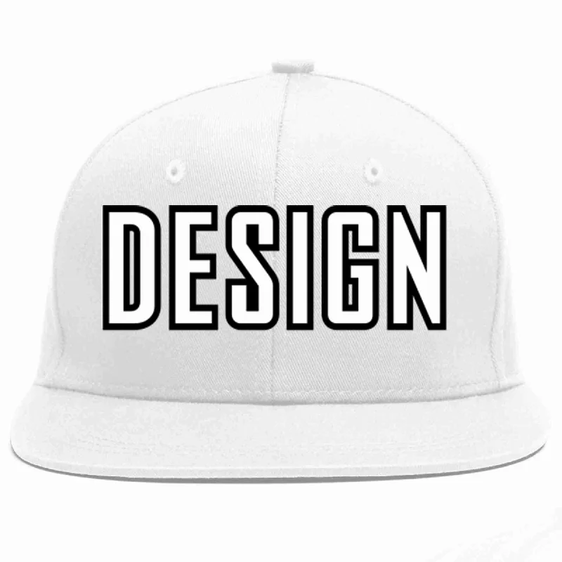 Baseball Cap With Team Sponsorship-Custom White White-Black Flat Eaves Sport Baseball Cap Design for Men/Women/Youth