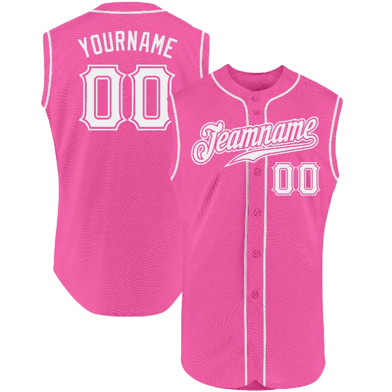 Baseball Jersey With Zippered Pockets-Custom Pink White Authentic Sleeveless Baseball Jersey