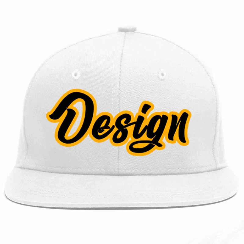 Baseball Cap For Fundraising Campaigns-Custom White Black-Yellow Flat Eaves Sport Baseball Cap Design for Men/Women/Youth