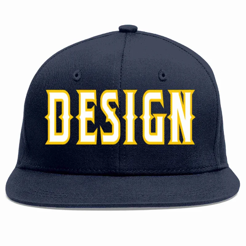 Baseball Cap For Football Fans-Custom Navy White-Gold Flat Eaves Sport Baseball Cap Design for Men/Women/Youth