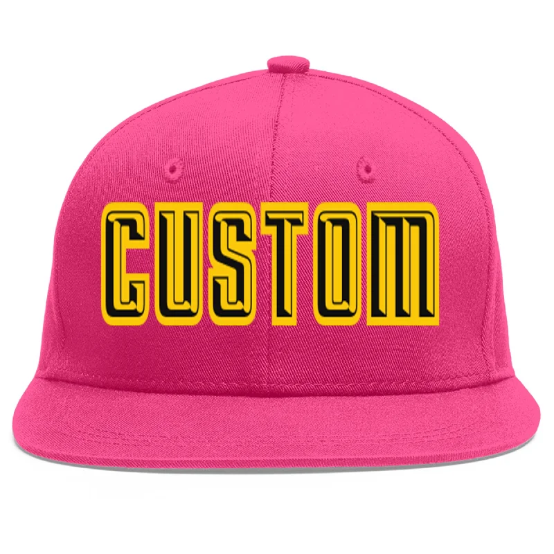 Custom Baseball Cap-Custom Rose Red Black-Gold Flat Eaves Sport Baseball Cap