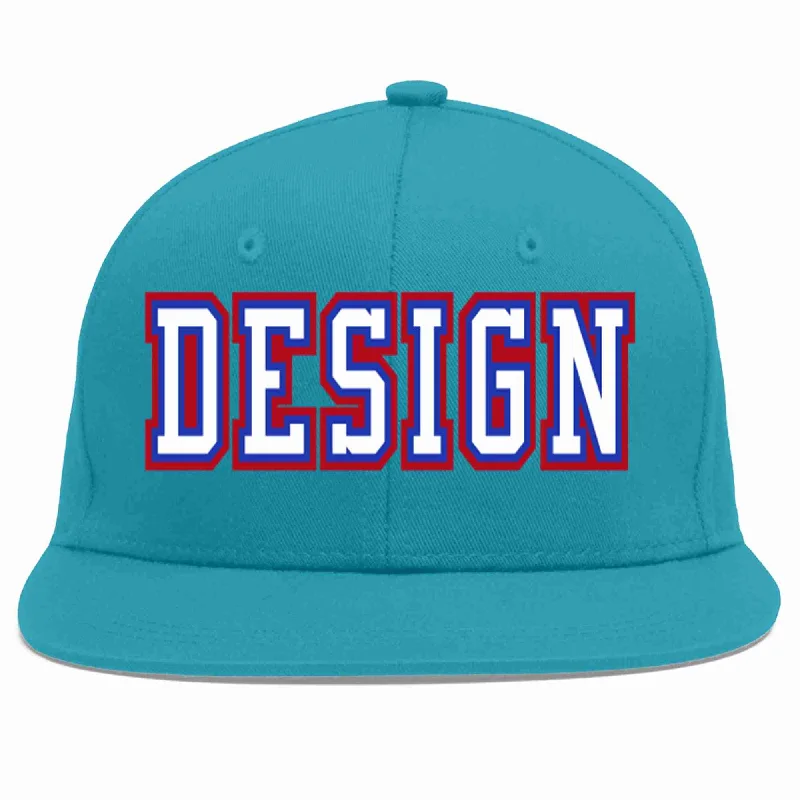 Baseball Cap For Sports Teams-Custom Aqua White-Royal Flat Eaves Sport Baseball Cap Design for Men/Women/Youth