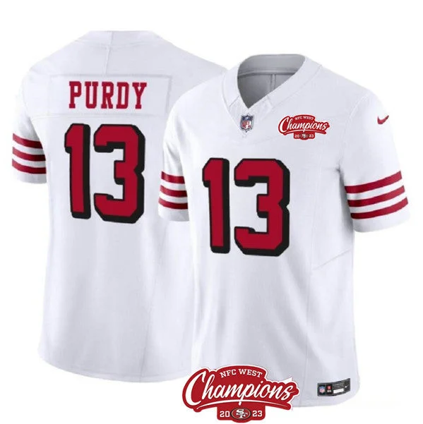 Football Jersey For Sports Teams-Men's San Francisco 49ers #13 Brock Purdy White 2023 F.U.S.E. NFC West Champions Patch Alternate Football Stitched Jersey