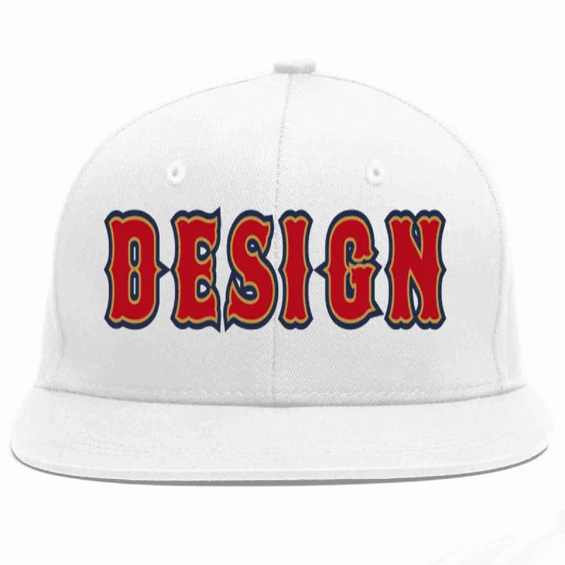 Baseball Cap For Sportswear-Custom White Red-Old Gold Flat Eaves Sport Baseball Cap Design for Men/Women/Youth