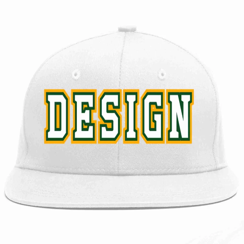 Baseball Cap With Team Logo-Custom White White-Kelly Green Flat Eaves Sport Baseball Cap Design for Men/Women/Youth