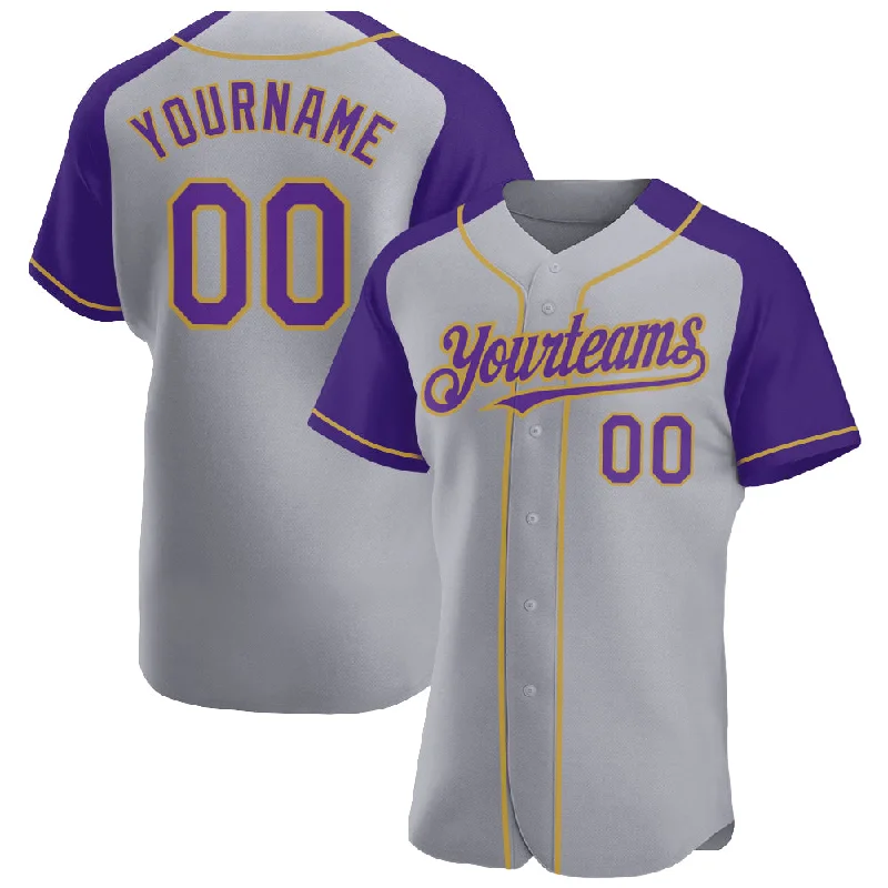 Baseball Jersey For Fan Apparel-Custom Gray Purple-Old Gold Authentic Raglan Sleeves Baseball Jersey