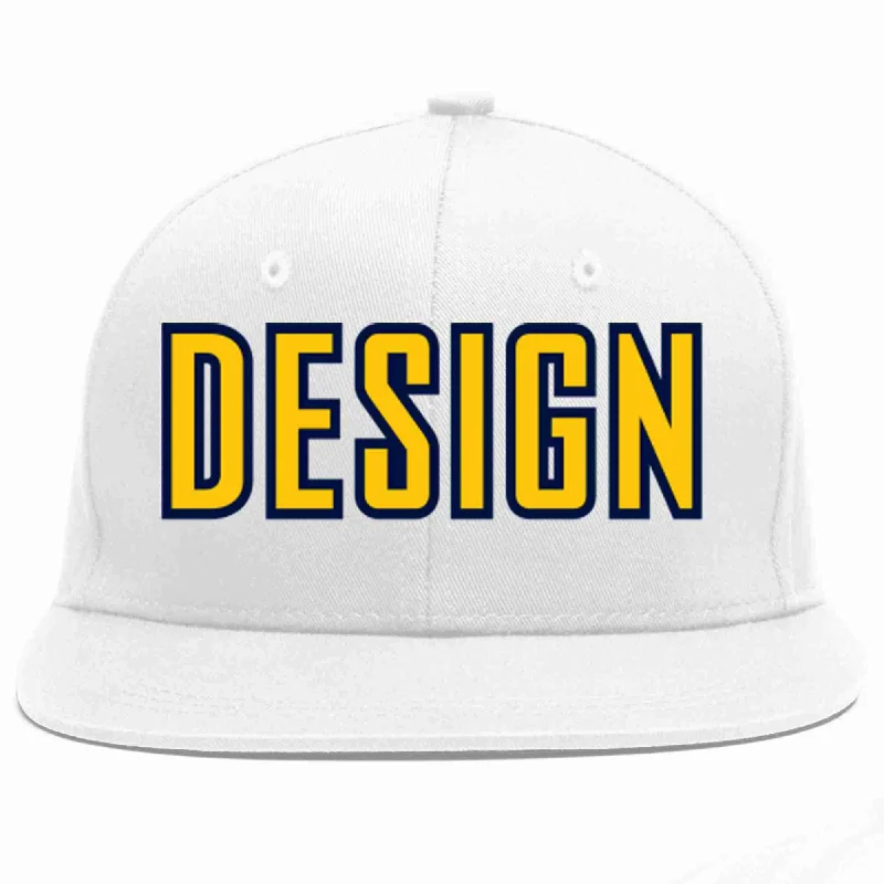 Fitted Baseball Cap-Custom White Gold-Navy Flat Eaves Sport Baseball Cap Design for Men/Women/Youth