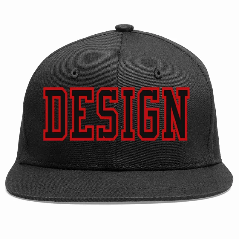 Baseball Cap For Team Recognition-Custom Black Black-Red Flat Eaves Sport Baseball Cap Design for Men/Women/Youth