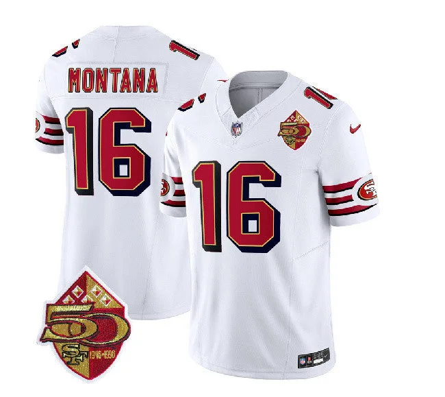 Football Jersey With Custom Team Name-Men's San Francisco 49ers #16 Joe Montana White 2023 F.U.S.E. 50th Patch Throwback Football Stitched Jersey