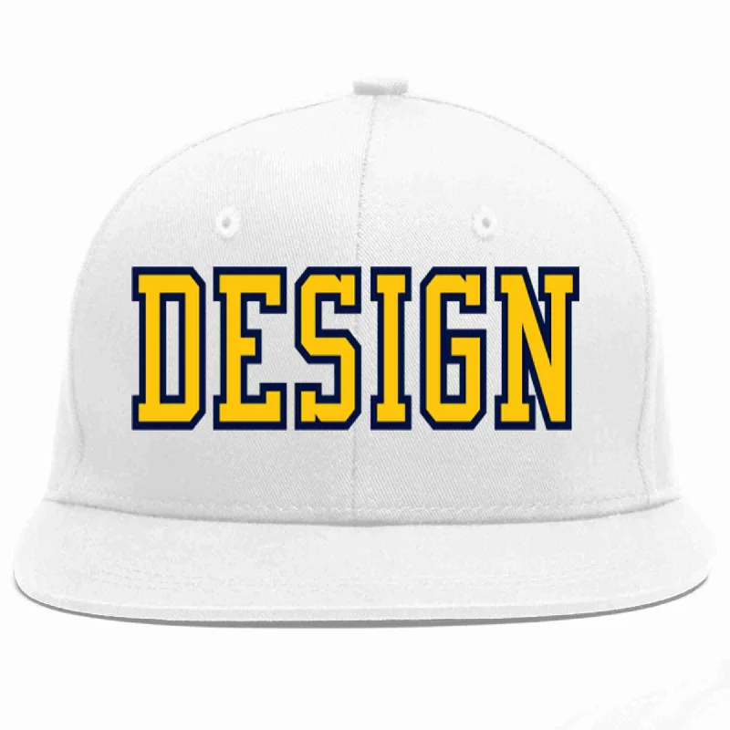 Baseball Cap For Custom Events-Custom White Gold-Navy Flat Eaves Sport Baseball Cap Design for Men/Women/Youth