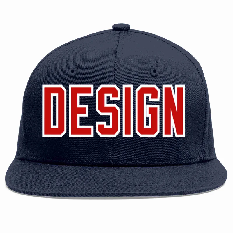 Baseball Cap With Custom Graphics-Custom Navy Red-White Flat Eaves Sport Baseball Cap Design for Men/Women/Youth