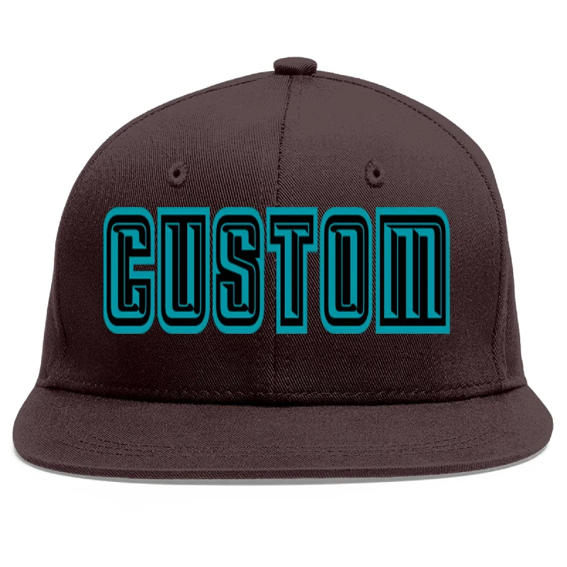 Fitted Baseball Cap-Custom Brown Aqua-Black Flat Eaves Sport Baseball Cap