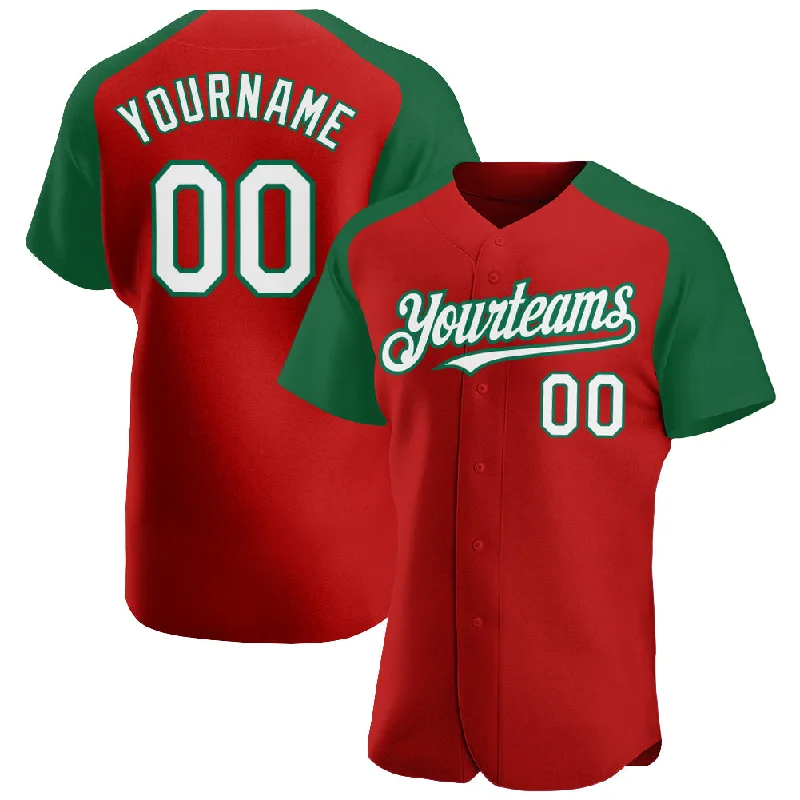 Baseball Jersey With Embellished Detailing-Custom Red White-Kelly Green Authentic Raglan Sleeves Baseball Jersey