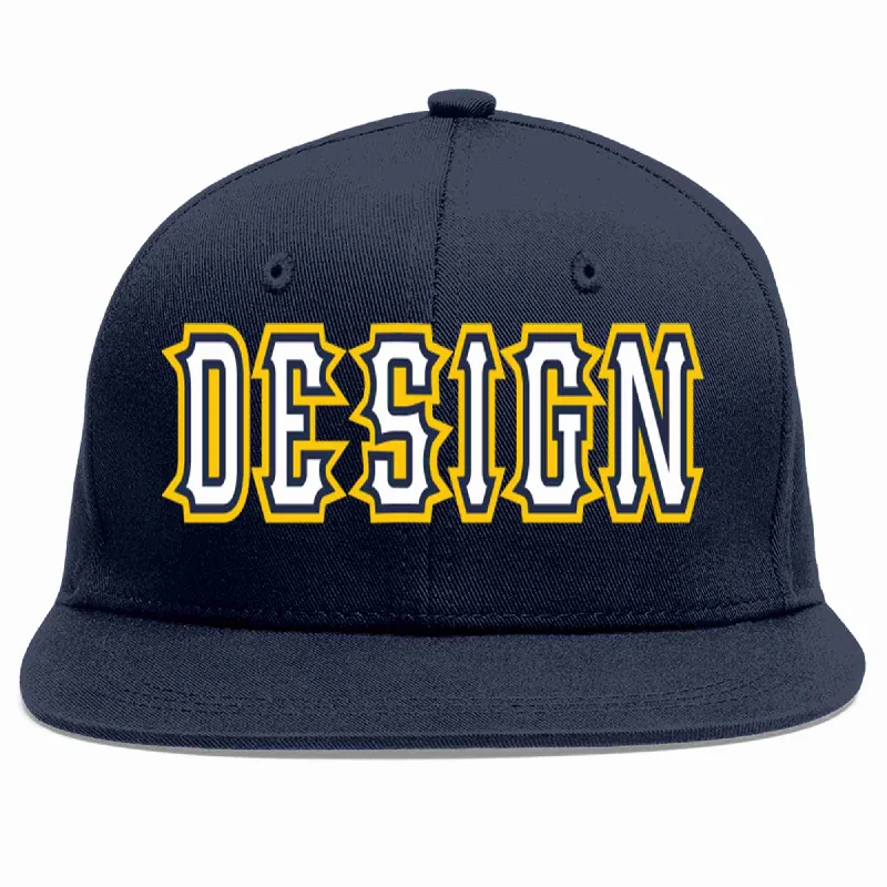 Baseball Cap With Breathable Fabric-Custom Navy White-Navy Flat Eaves Sport Baseball Cap Design for Men/Women/Youth