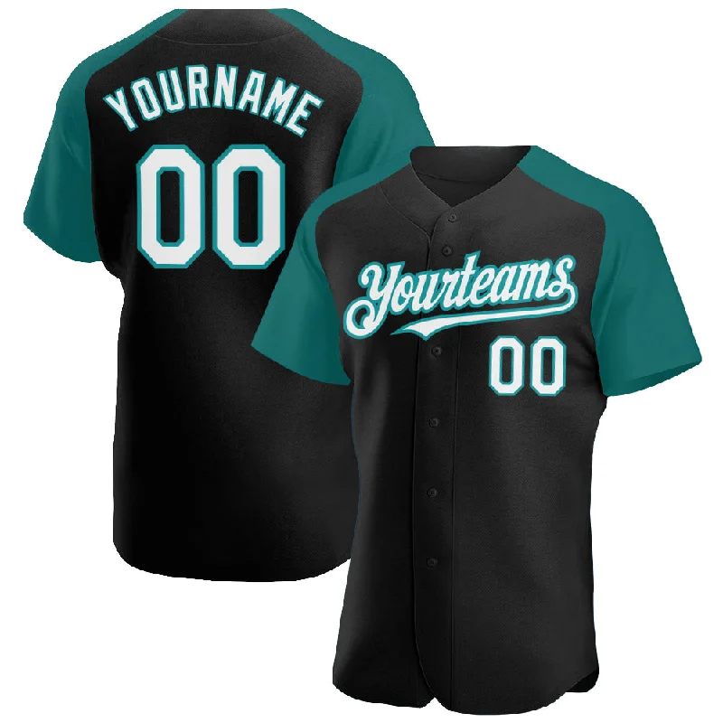 Baseball Jersey For Sports Competitions-Custom Black White-Teal Authentic Raglan Sleeves Baseball Jersey