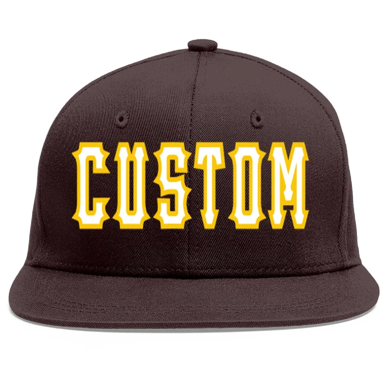 Baseball Cap For Sports Teams-Custom Brown White-Gold Flat Eaves Sport Baseball Cap