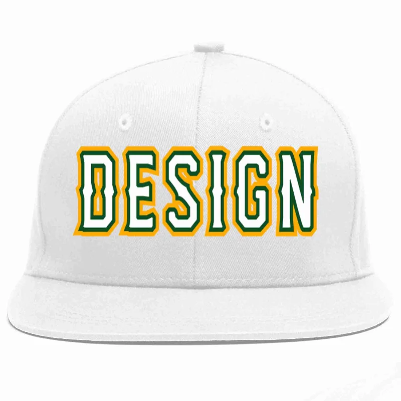 Custom Baseball Cap For Birthdays-Custom White White-Kelly Green Flat Eaves Sport Baseball Cap Design for Men/Women/Youth