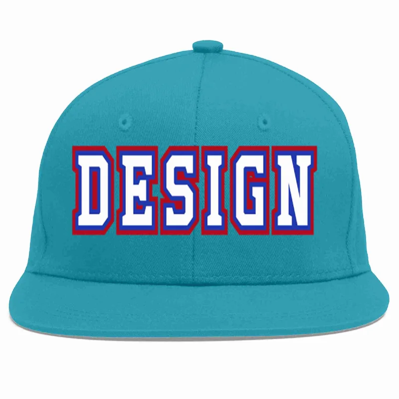 Baseball Cap For Sports Enthusiasts-Custom Aqua White-Royal Flat Eaves Sport Baseball Cap Design for Men/Women/Youth