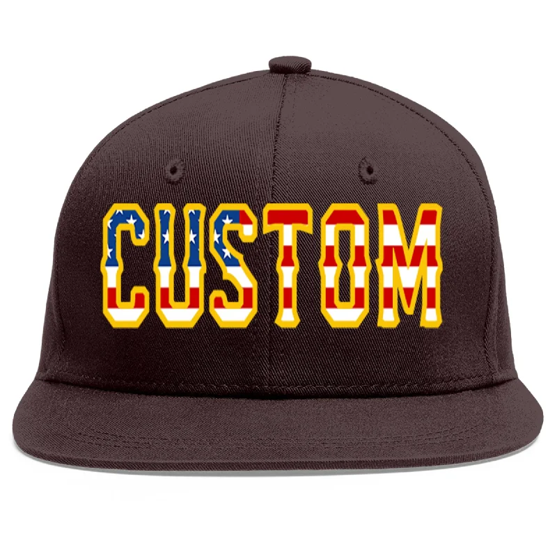 Baseball Cap For Sports Enthusiasts-Custom Brown Vintage USA Flag-Gold Flat Eaves Sport Baseball Cap