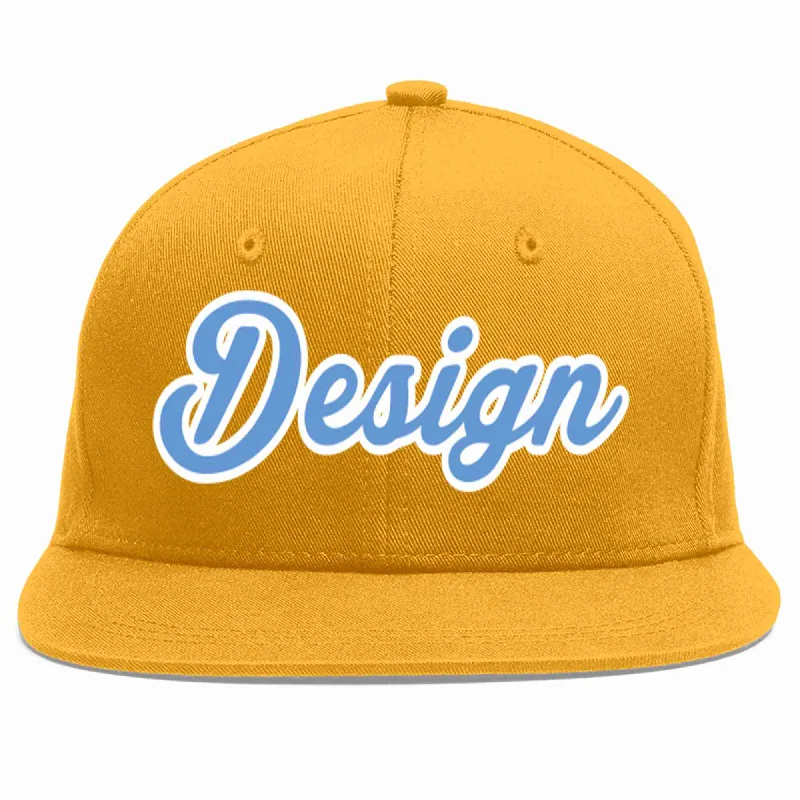 Baseball Cap With Logo-Custom Gold Light Blue-White Flat Eaves Sport Baseball Cap Design for Men/Women/Youth