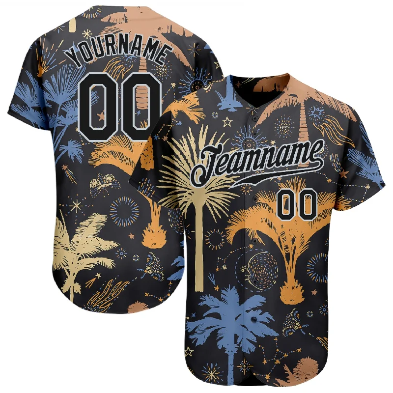 Baseball Jersey With Custom Flag Designs-Custom Black Silver 3D Pattern Design Hawaii Palm Trees Authentic Baseball Jersey