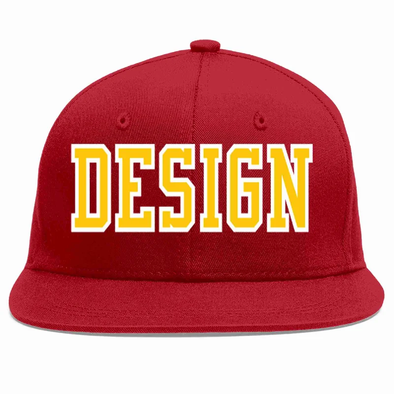 Baseball Cap With Team Logo-Custom Red Gold-White Flat Eaves Sport Baseball Cap Design for Men/Women/Youth