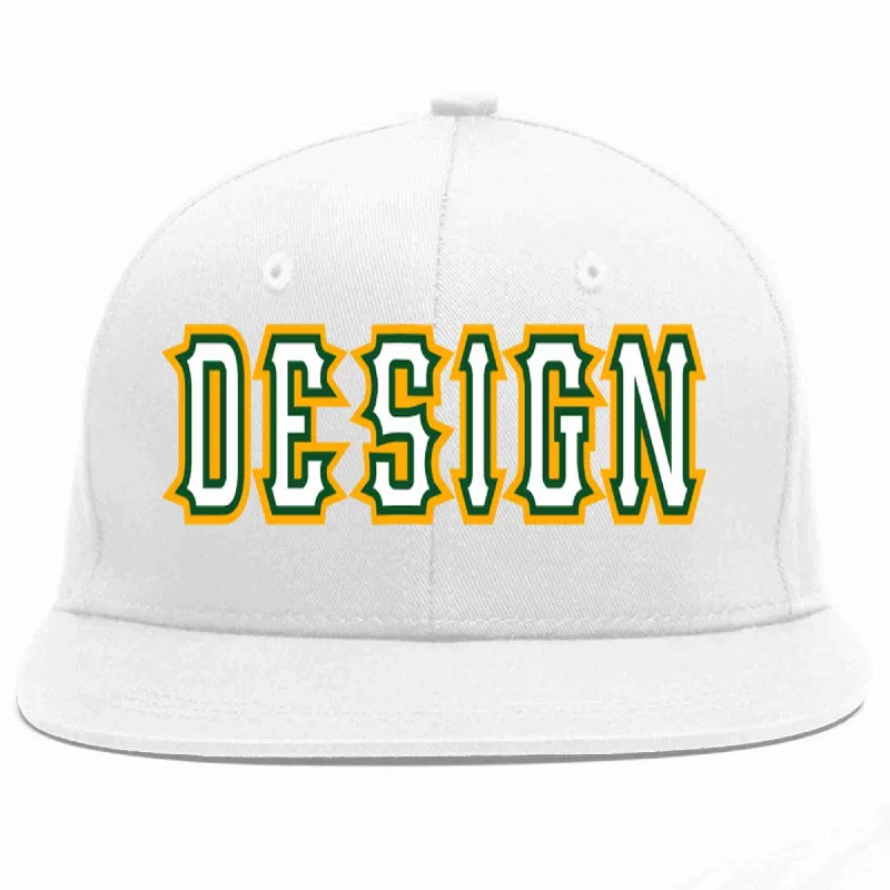 Baseball Cap For Tailgating Parties-Custom White White-Kelly Green Flat Eaves Sport Baseball Cap Design for Men/Women/Youth