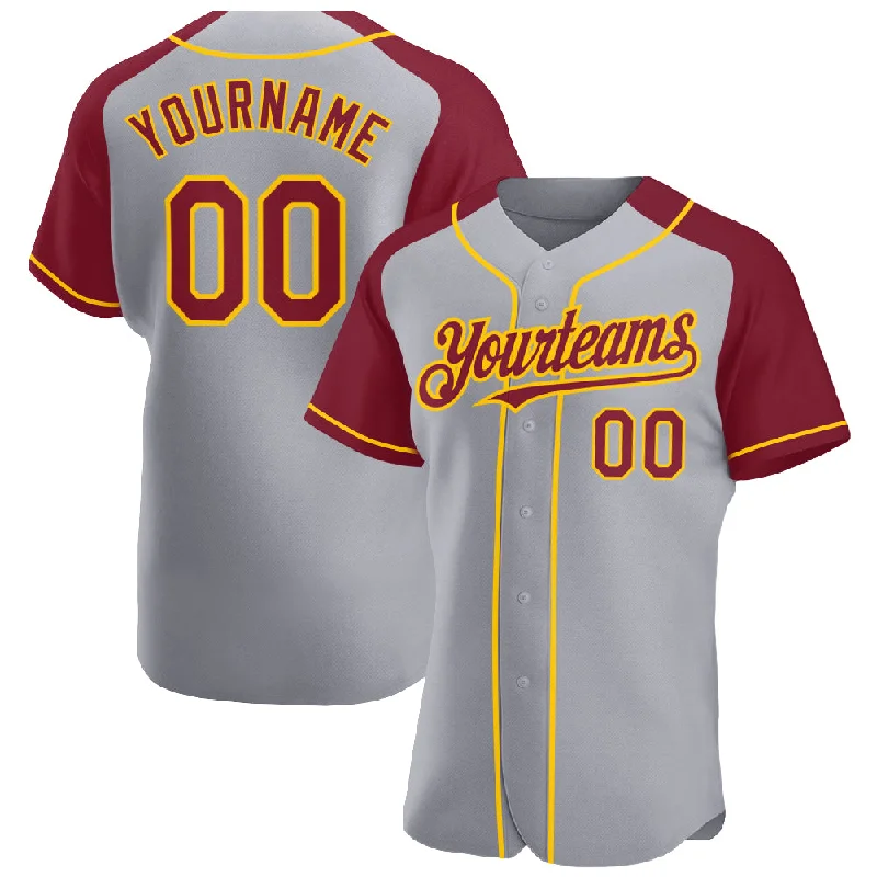 Baseball Jersey With Retro Design-Custom Gray Crimson-Yellow Authentic Raglan Sleeves Baseball Jersey