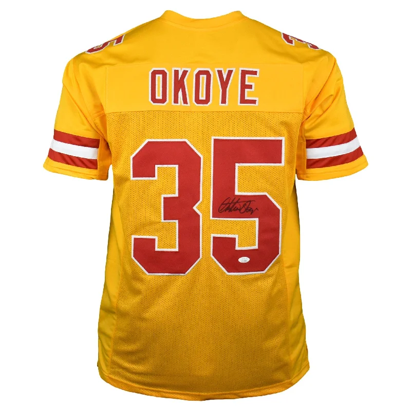 Rugby Jersey With Custom Design-Christian Okoye Signed Pro-Edition Gold Football Jersey (Beckett)